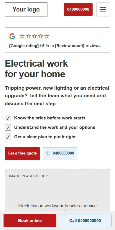 Animated mobile walkthrough of the electrician website wireframe with compact navigation and call and booking buttons.