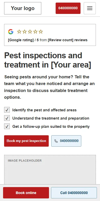 Animated mobile walkthrough of the pest control website wireframe with compact navigation and call and booking buttons.