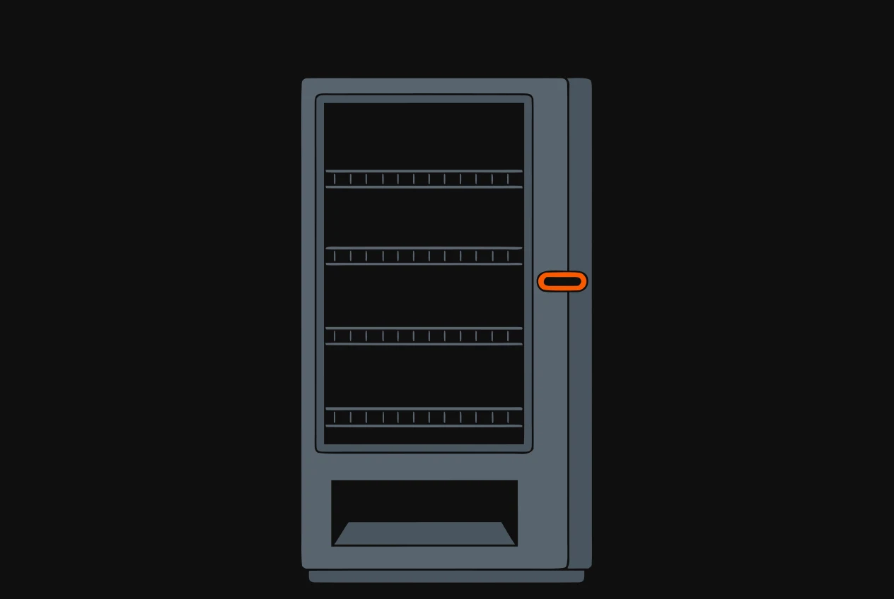A vending machine with empty shelves and an empty tray, its coin slot picked out in orange.
