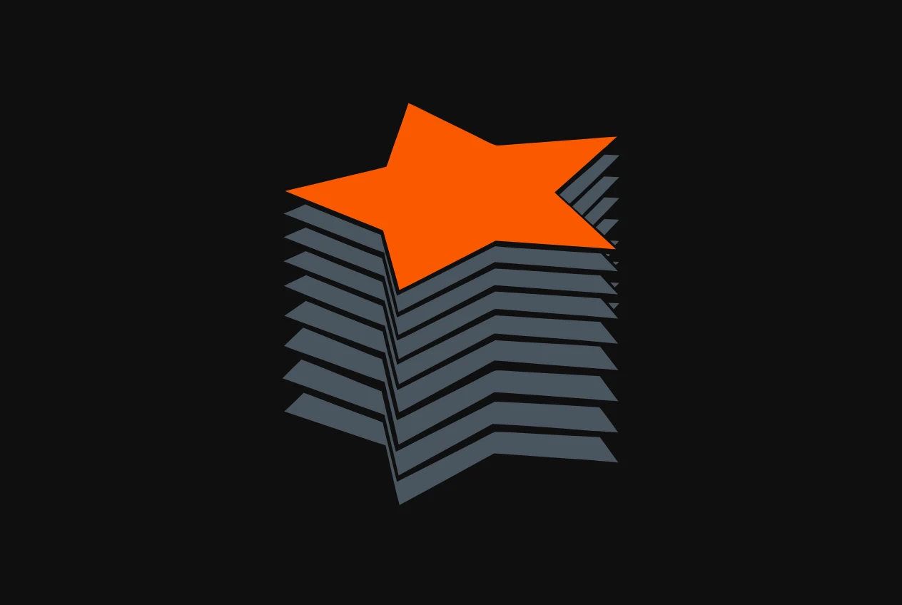 A stack of flat stars piled like coins, with the single star on top coloured orange.