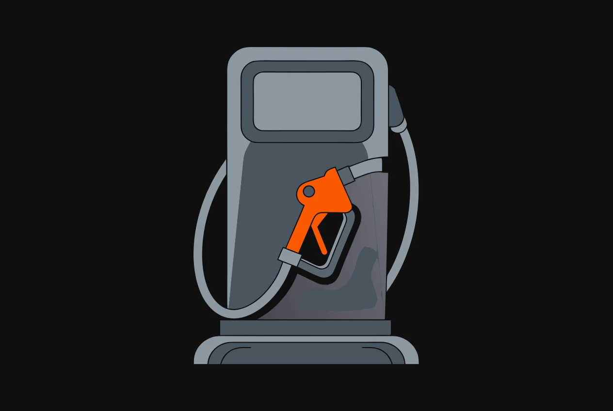 A fuel bowser with a coiled hose, the nozzle at the end of the hose coloured orange.