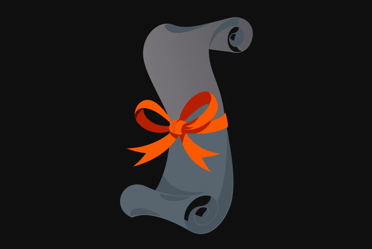 A long document rolled into a scroll and tied shut around the middle with an orange ribbon.