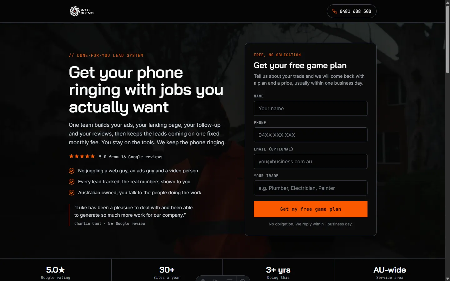 Landing page cost in Australia at $1,500: a live Web Blend landing page with the offer, the review line and the lead form all on one screen.