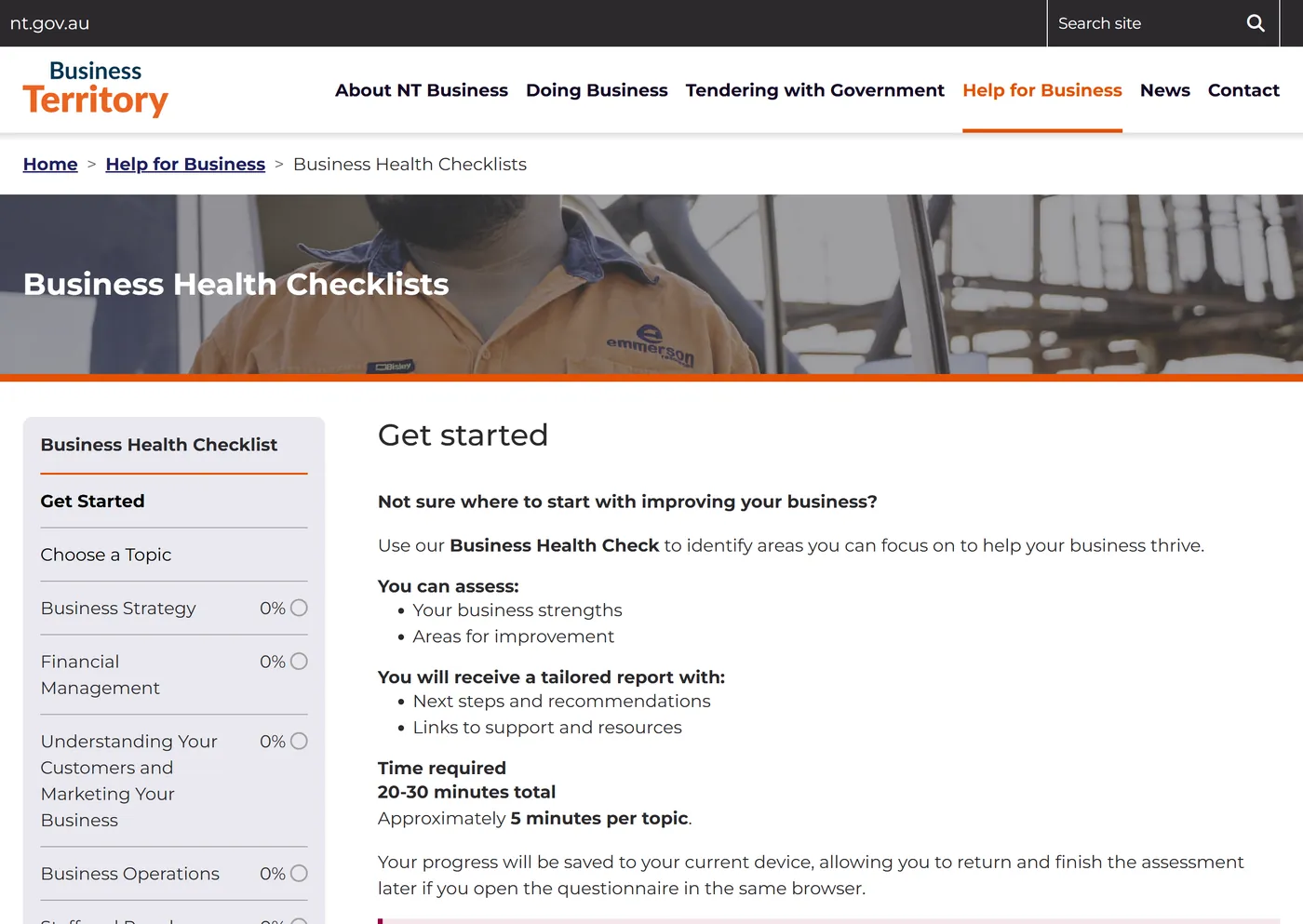 The Business Health Checklists page on business.nt.gov.au, showing the get started screen and topics such as business strategy, financial management and marketing.