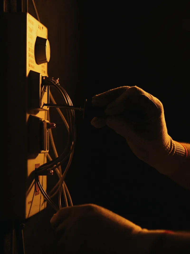 Gloved hands wiring a switchboard, lit by a single orange light