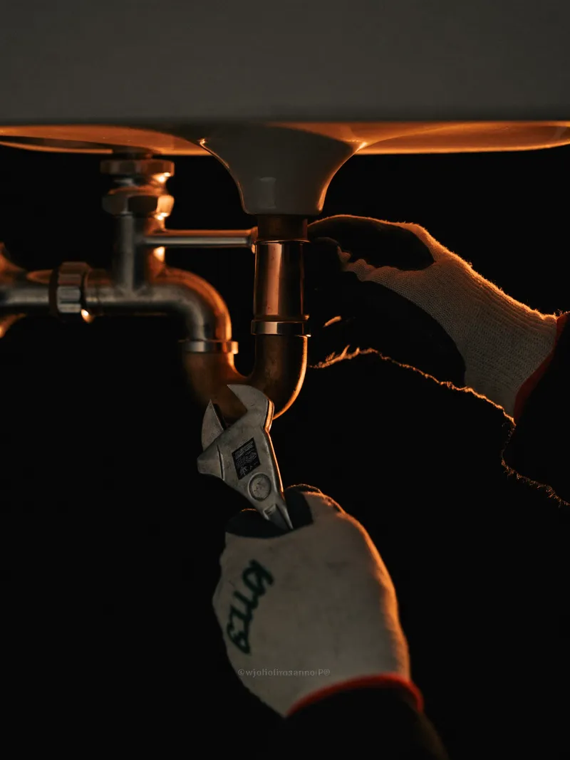 Gloved hands tightening a copper pipe fitting with a wrench, lit by a single orange light