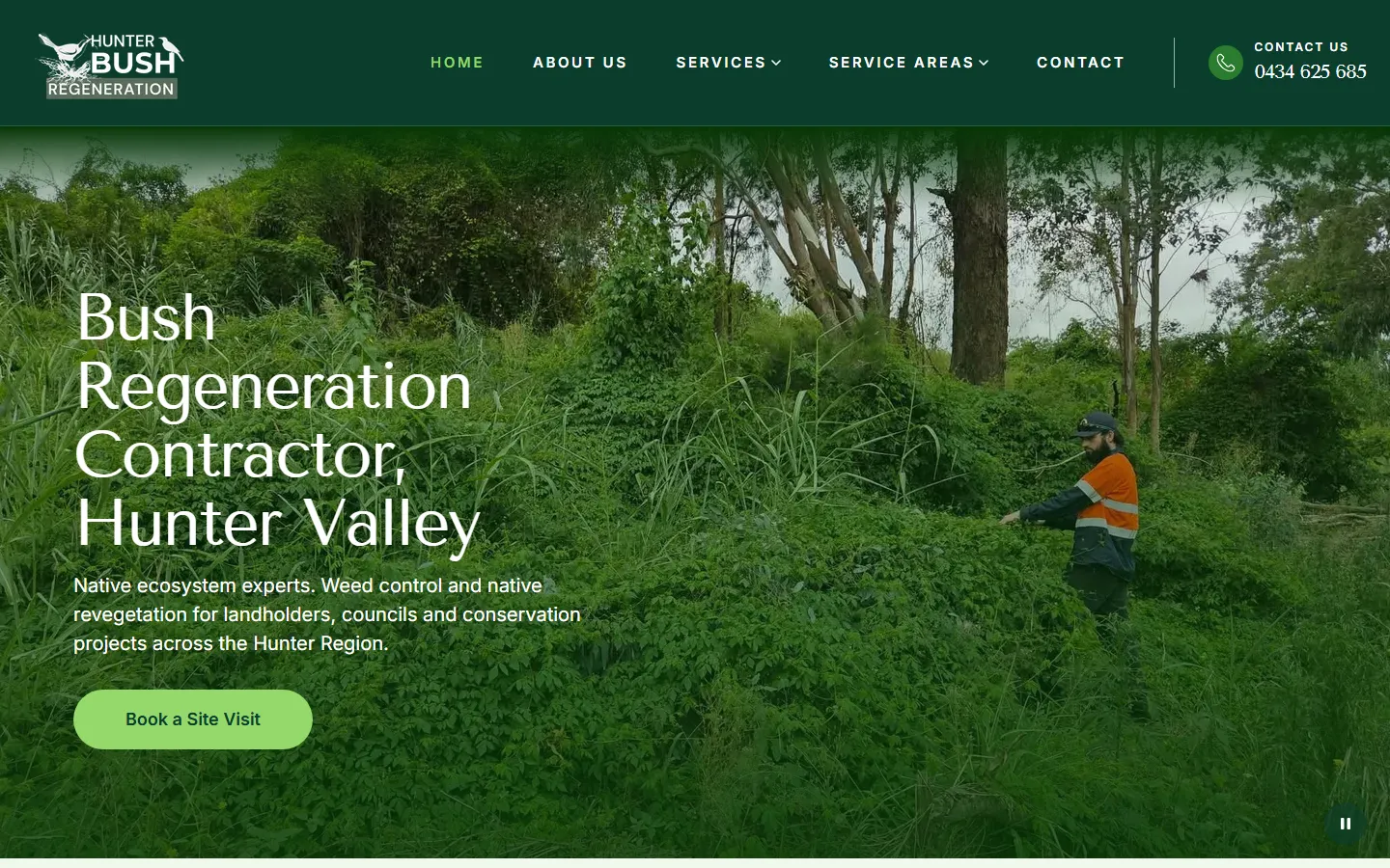 The Hunter Bush Regeneration website Web Blend built, playing on desktop and phone: the homepage, the services menu and the weed control page.