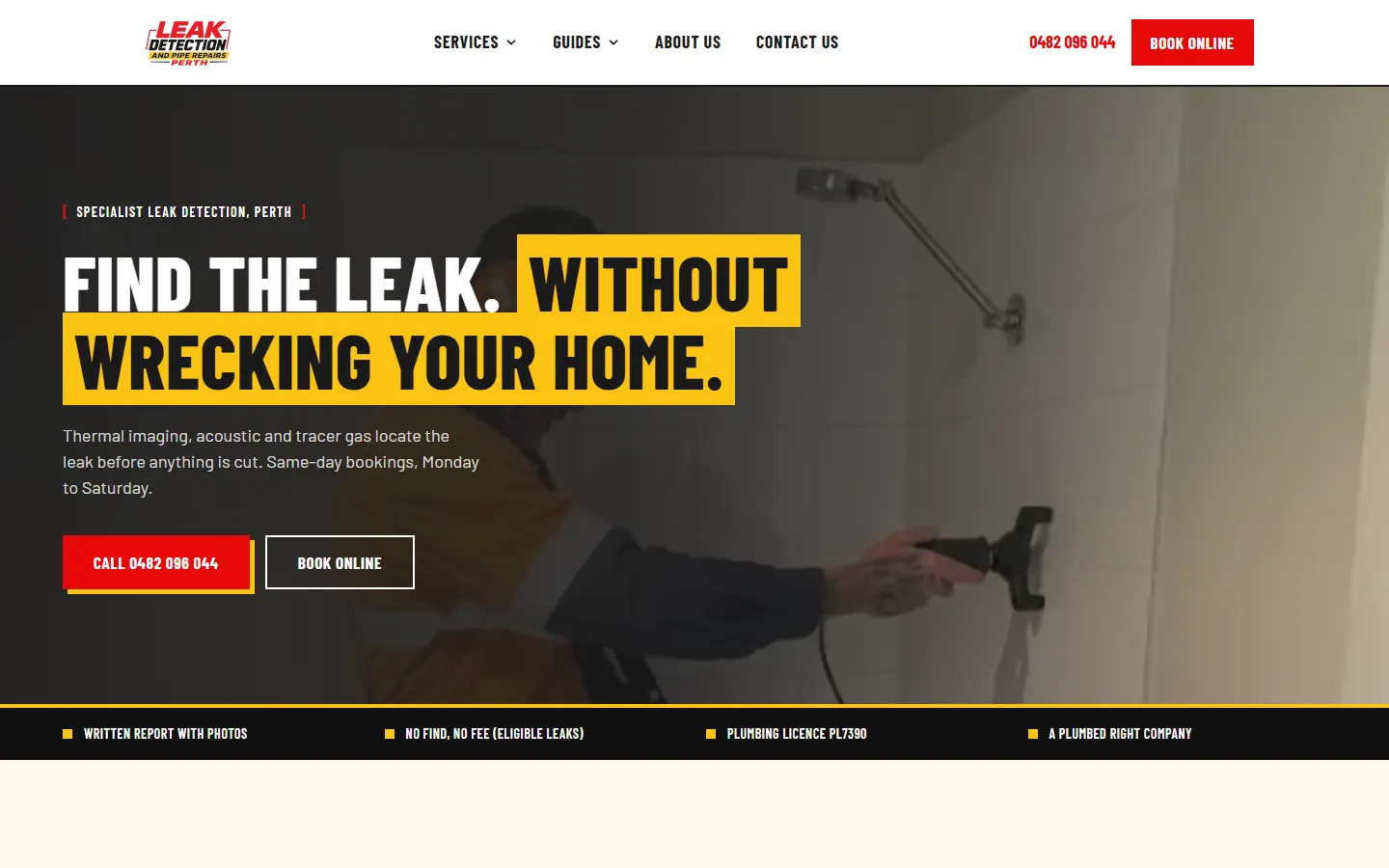 The Leak Detection and Pipe Repairs Perth homepage: a Call button with the number, Book Online, Monday to Saturday bookings, and a strip showing the plumbing licence number.