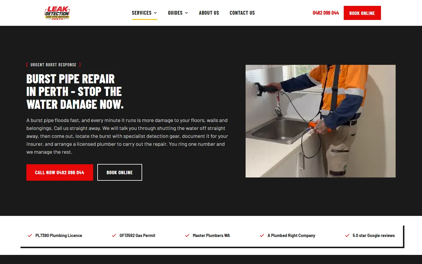The Leak Detection and Pipe Repairs Perth burst pipe page: Call Now and Book Online buttons, then a strip listing the plumbing licence, gas permit, Master Plumbers WA membership and 5.0 star Google reviews.