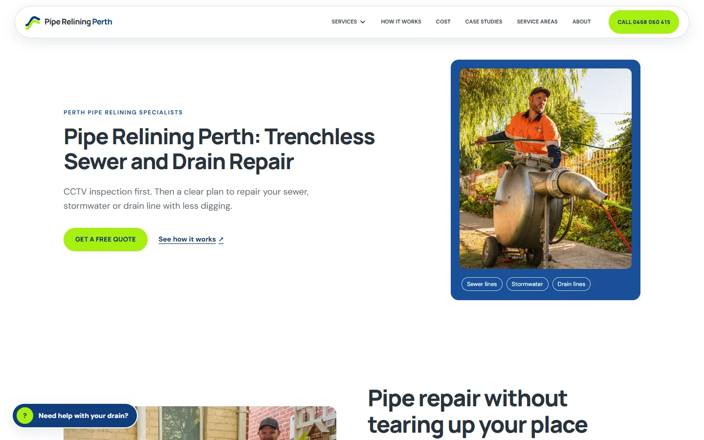 The Pipe Relining Perth homepage we built: Trenchless Sewer and Drain Repair, a free quote button, and the phone number in the header.