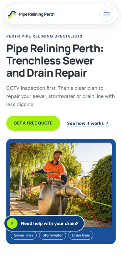 The same Pipe Relining Perth homepage on a phone.