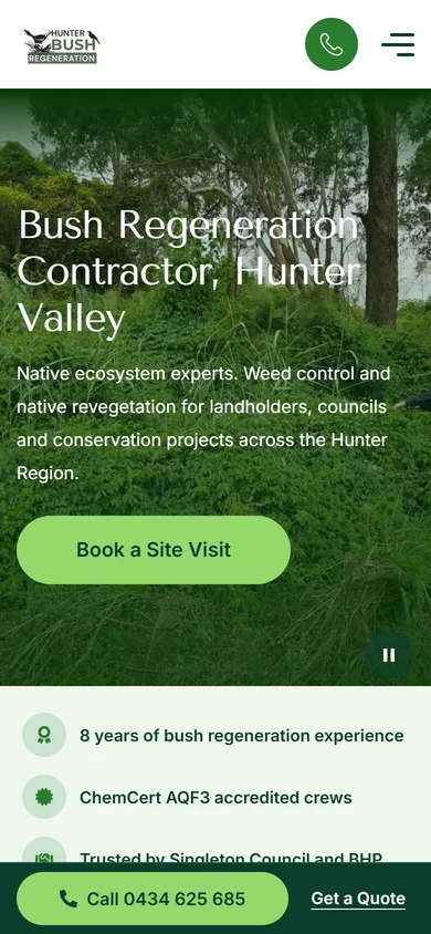 The hand-coded Hunter Bush Regeneration homepage built by Web Blend, on a phone.