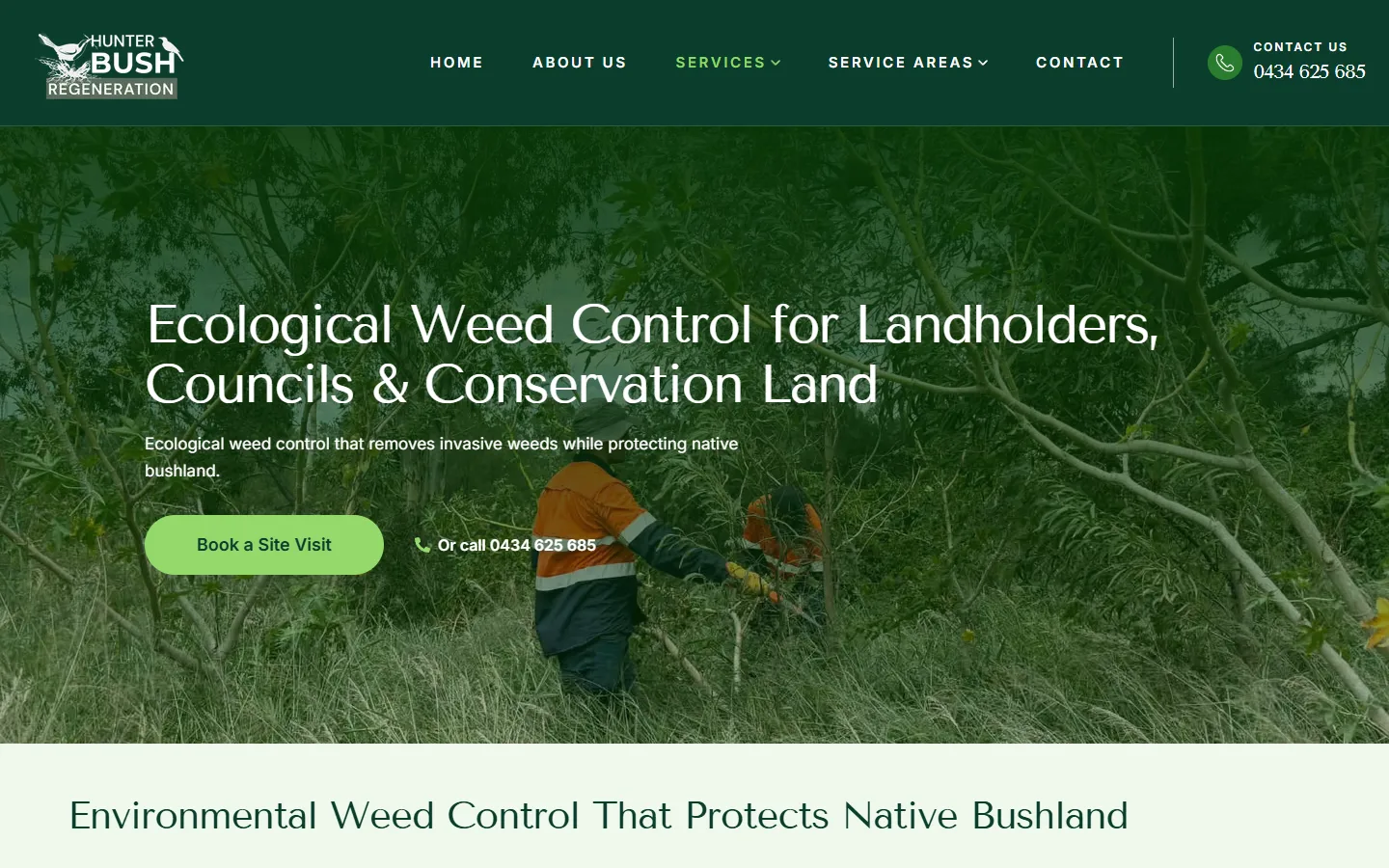 The Hunter Bush Regeneration weed control page on desktop: a large heading over a green-tinted crew photo, one plain line of description and a Book a Site Visit button.