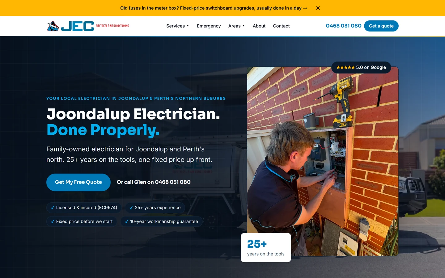 The new Joondalup Electrical homepage built by Web Blend: a photo of Glen working on a switchboard, a fixed price offer bar and a quote button.