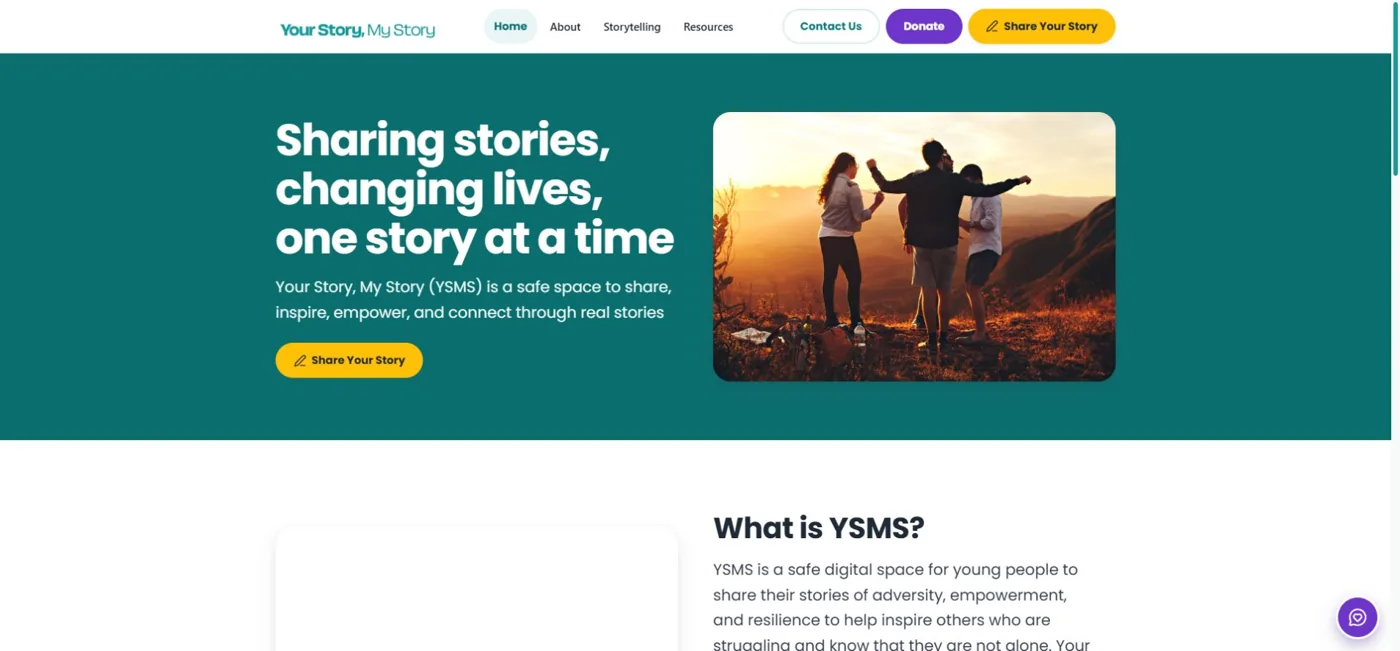 Your Story, My Story website showing its story sharing invitation and Donate and Share Your Story links.