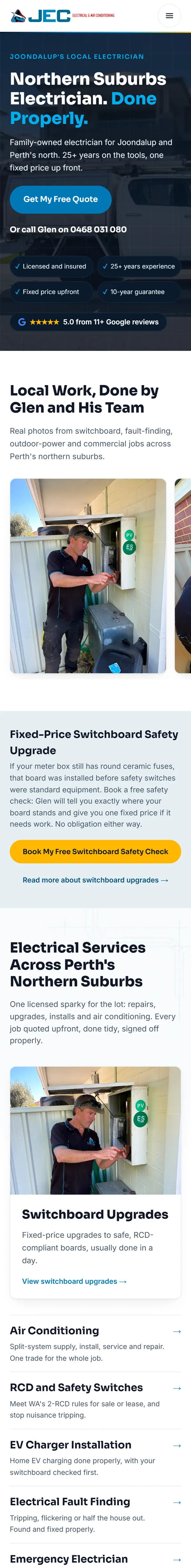 The Joondalup Electrical homepage on a phone.