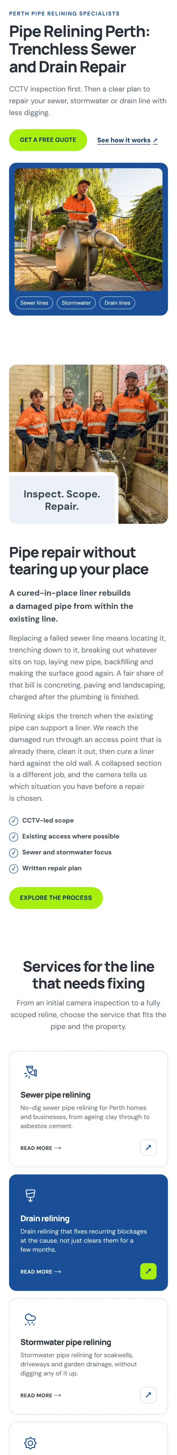 The Pipe Relining Perth homepage on a phone.